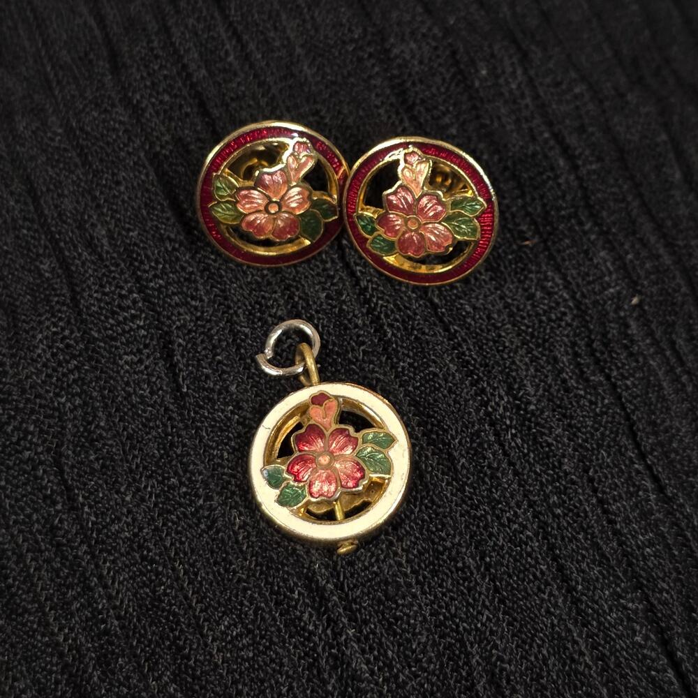 Vintage Cloisonné Floral Earrings Pendant Set Gold Tone Enamel Pink Green
